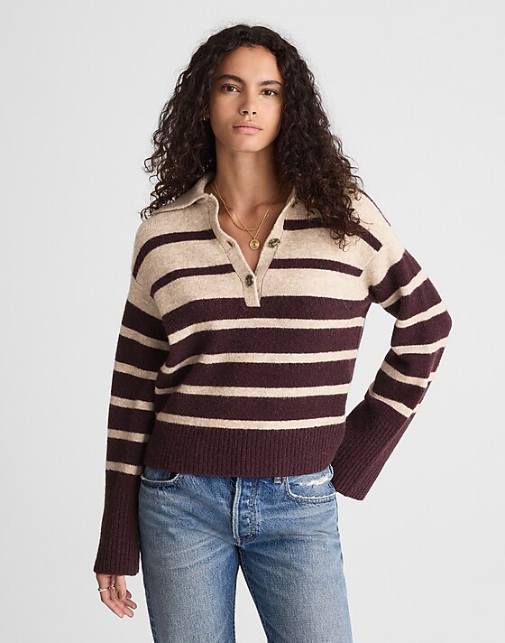 Madewell CloudSoft Polo Sweater Black Iris Stripe