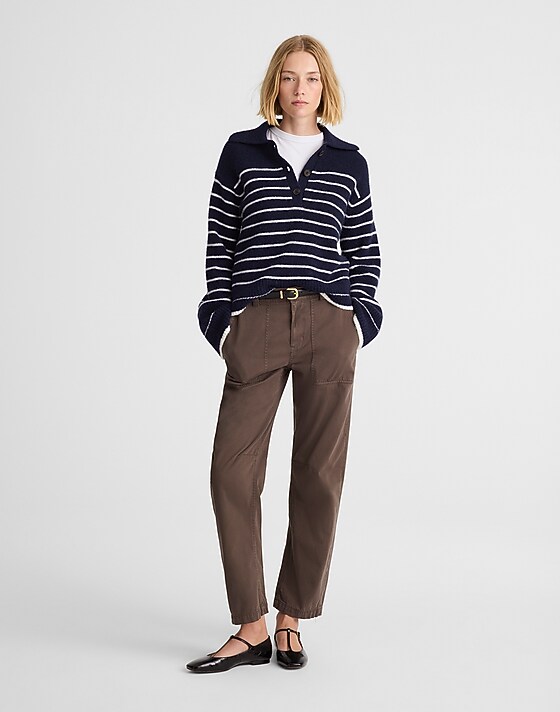 Madewell CloudSoft Polo Sweater Ivory Mini Stripe