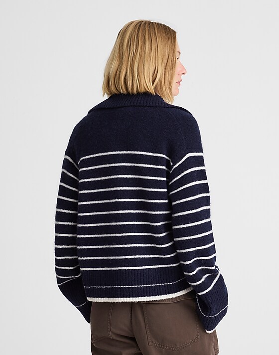 Madewell CloudSoft Polo Sweater Ivory Mini Stripe