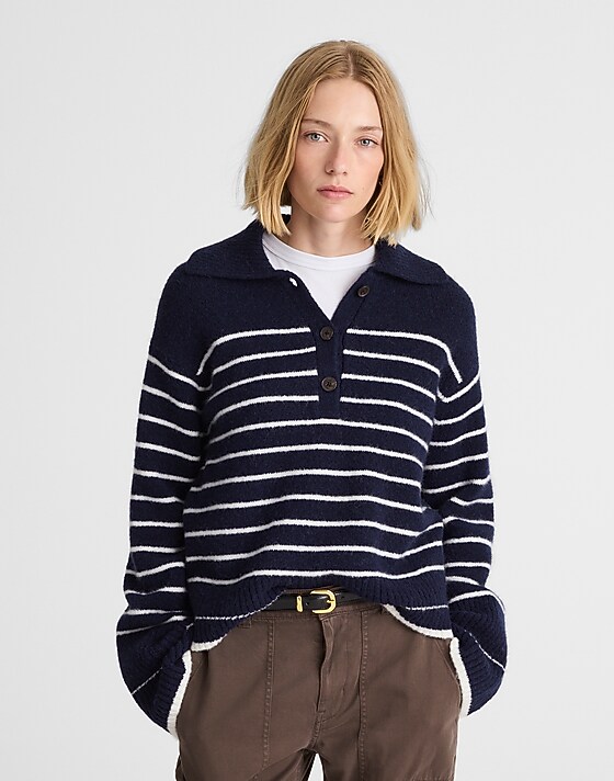 madewell CloudSoft Polo Sweater ivory mini stripe