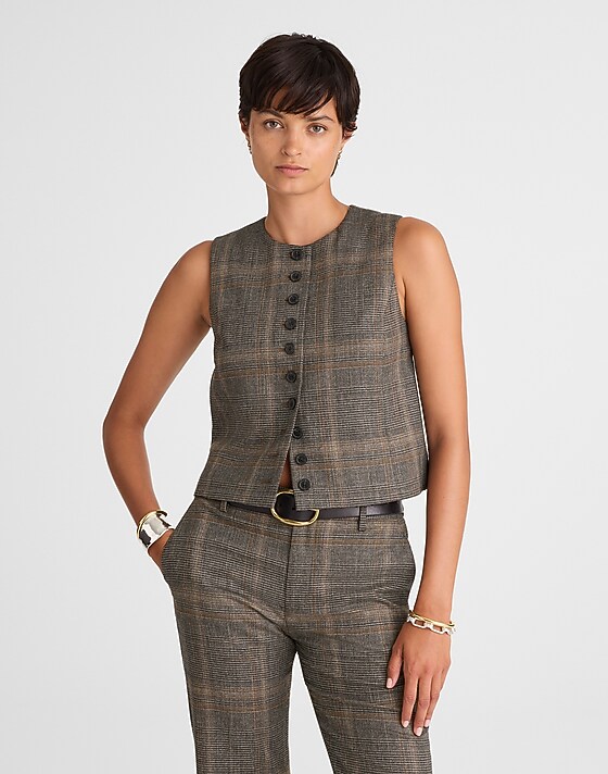 madewell Crewneck Shell Vest brown gray plaid