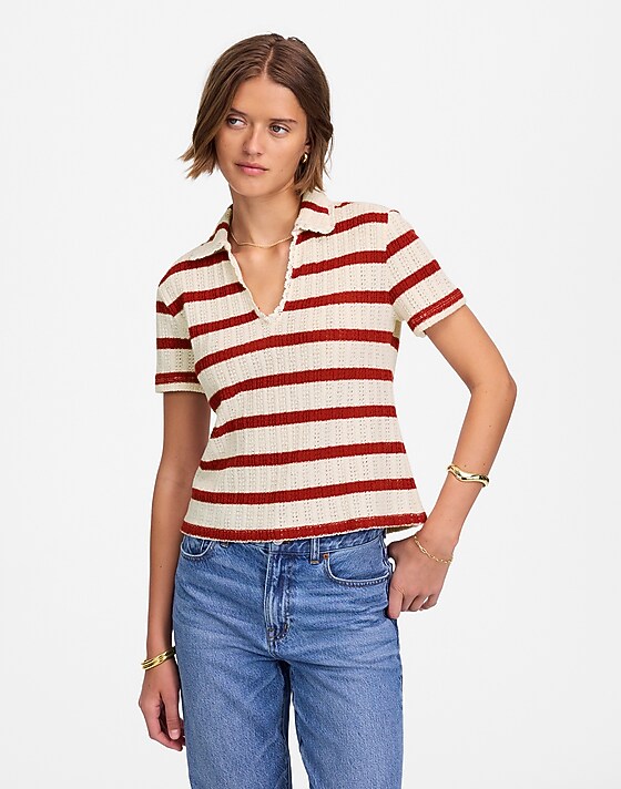 Madewell Crochet-Knit V-Neck Sweater Tee Red Ochre