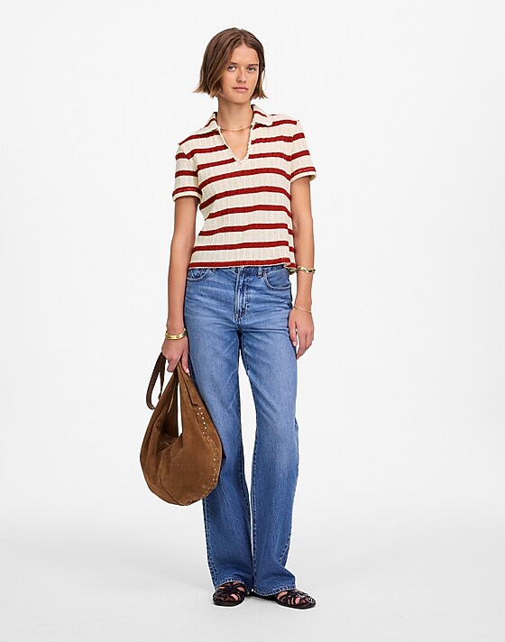 madewell Crochet-Knit V-Neck Sweater Tee red ochre