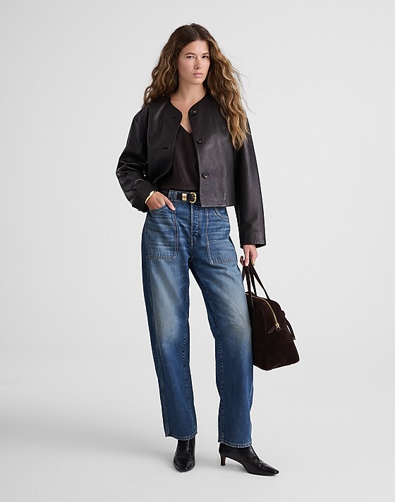 Madewell Crop Cardigan Jacket In Leather Black