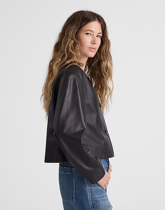 Madewell Crop Cardigan Jacket In Leather Black