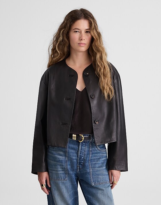 madewell Crop Cardigan Jacket in Leather black