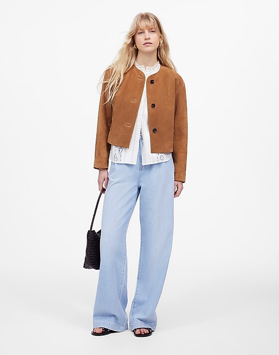 Madewell Crop Cardigan Jacket In Suede Aged Cognac