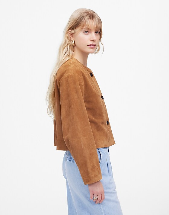 Madewell Crop Cardigan Jacket In Suede Aged Cognac