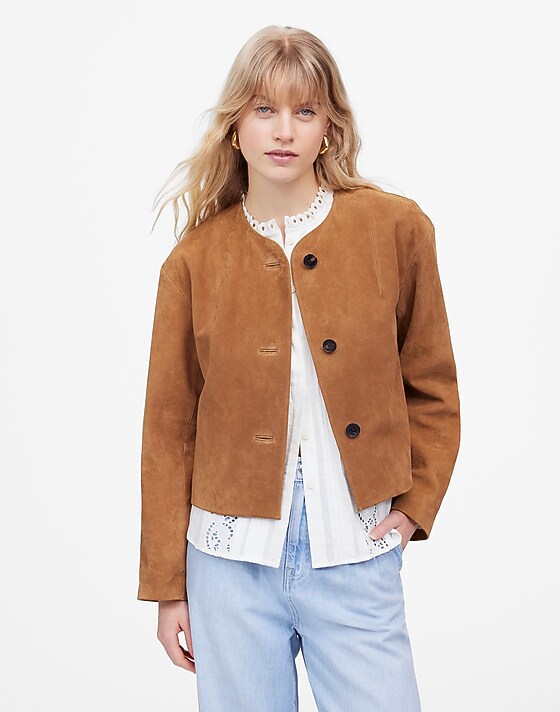 madewell Crop Cardigan Jacket in Suede aged cognac