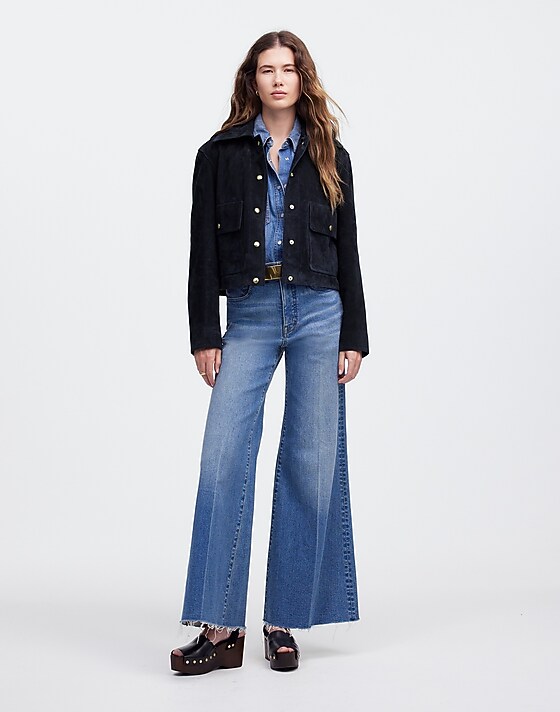 Madewell Crop Chore Jacket In Suede Dark Navy