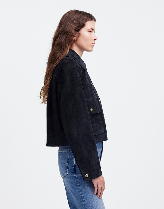 Madewell Crop Chore Jacket In Suede Dark Navy