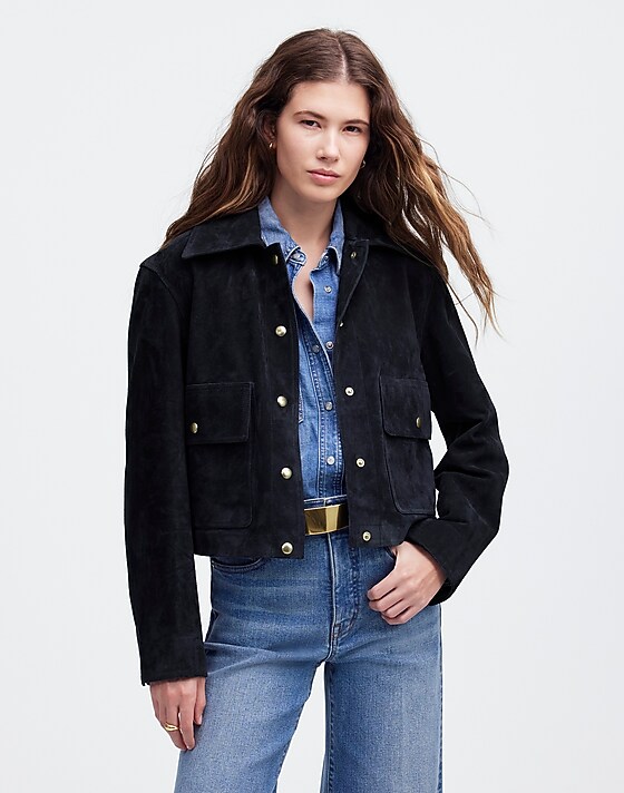 madewell Crop Chore Jacket in Suede dark navy