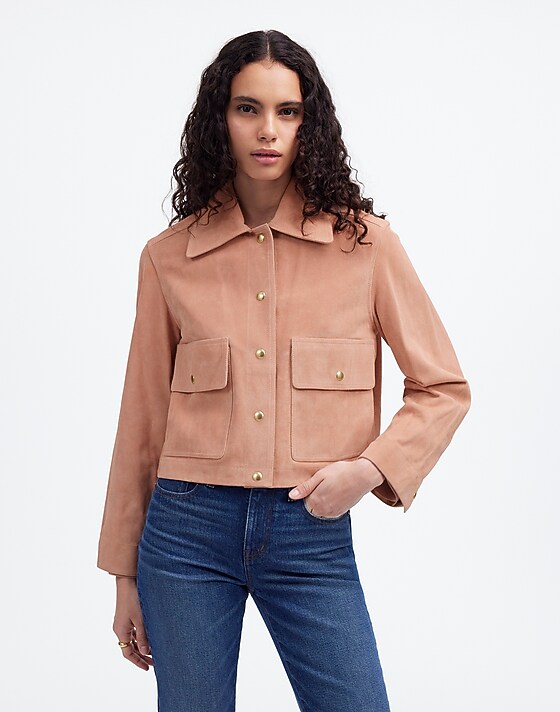 Madewell Crop Chore Jacket In Suede Pale Blush