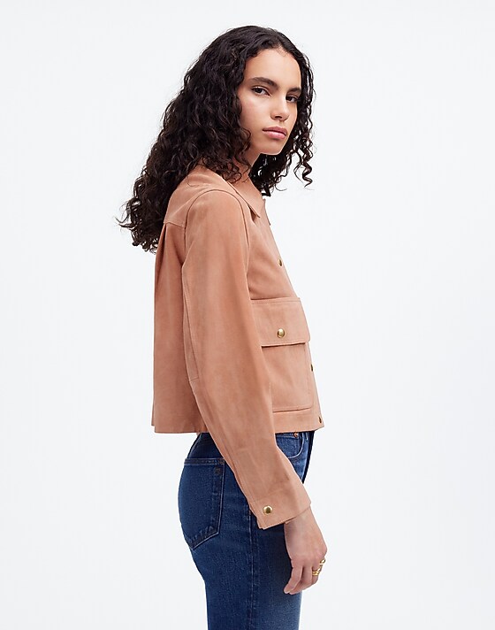 Madewell Crop Chore Jacket In Suede Pale Blush