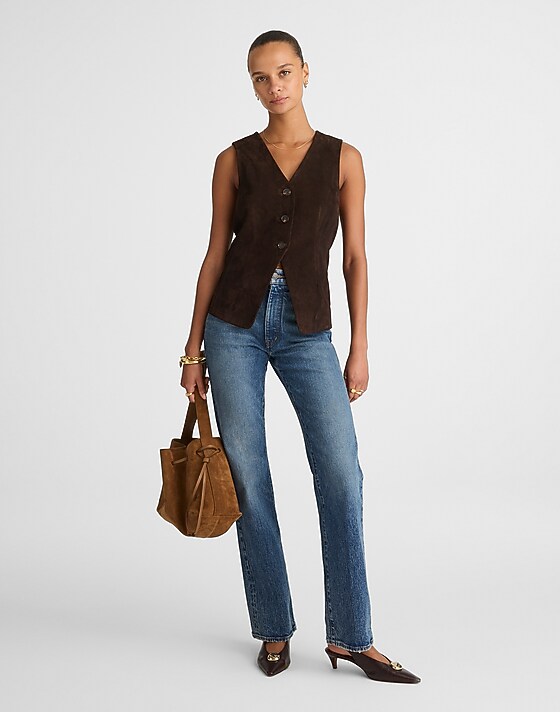 Madewell Cutaway Vest In Suede Dark Carob