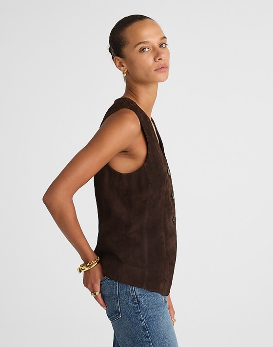 Madewell Cutaway Vest In Suede Dark Carob
