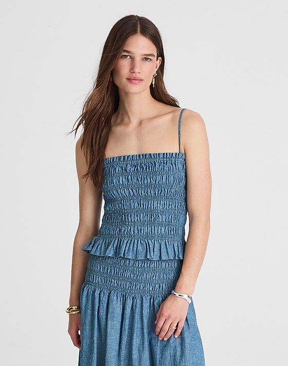 Madewell Denim Smocked Tank Brinkley Wash