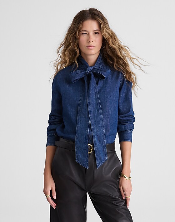 madewell Denim Tie-Neck Shirt plumville wash