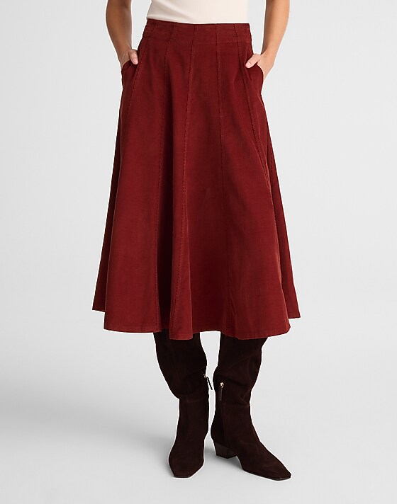 Madewell Drapey Corduroy Midi Skirt Deep Redwood