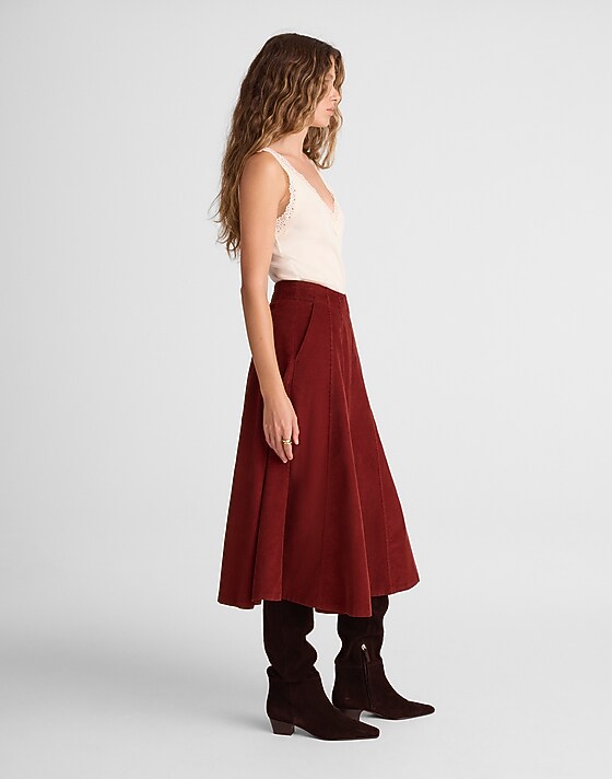 Madewell Drapey Corduroy Midi Skirt Deep Redwood