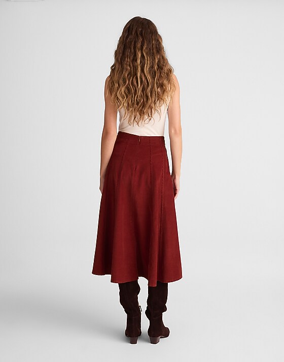 Madewell Drapey Corduroy Midi Skirt Deep Redwood