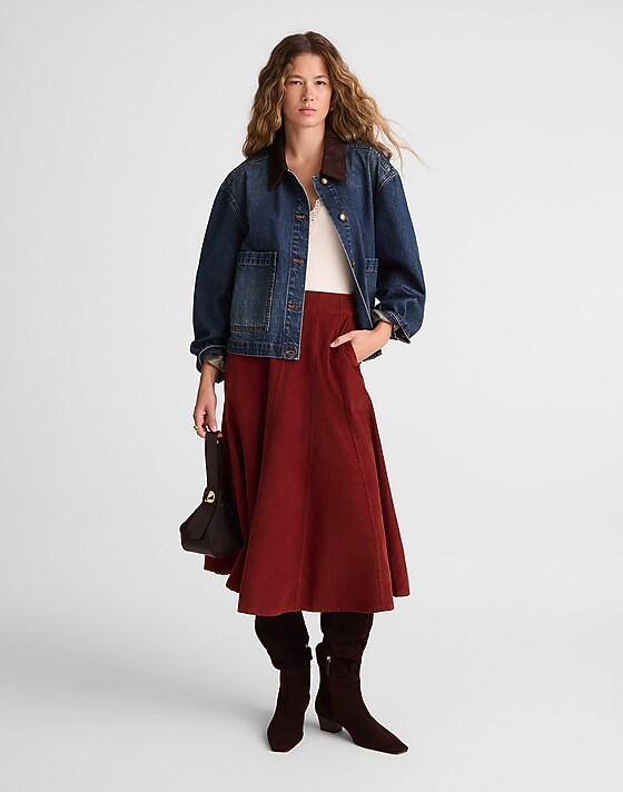 madewell Drapey Corduroy Midi Skirt deep redwood