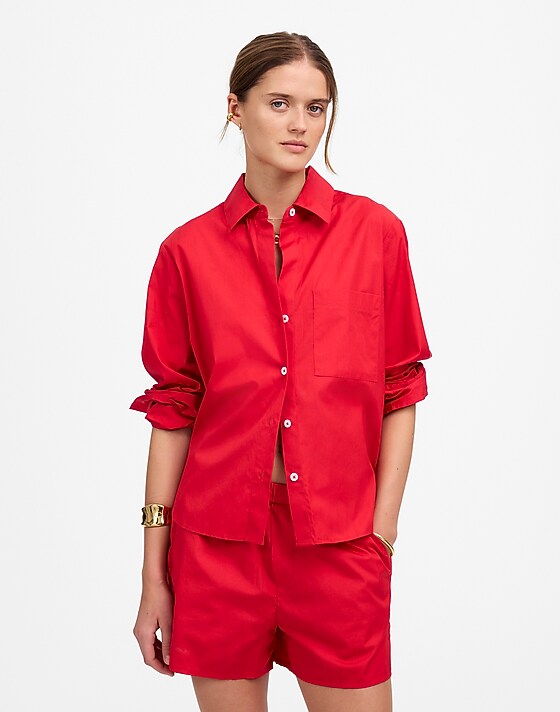 madewell Easy Y-Neck Button-Up Shirt cerise