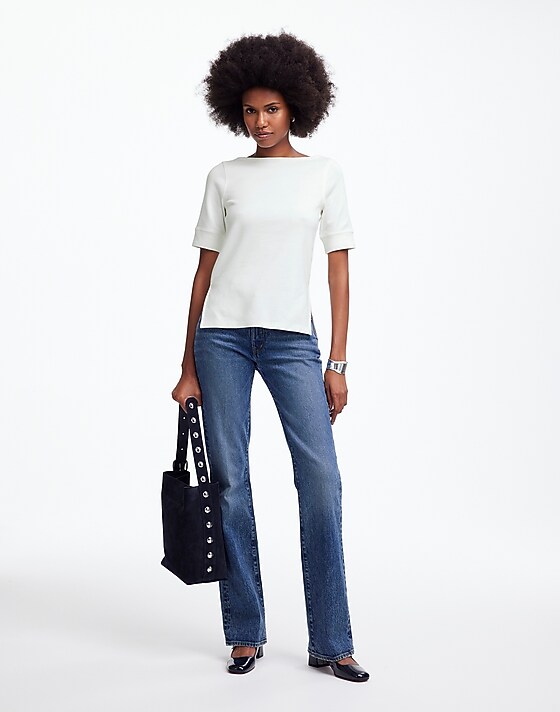 Madewell Elbow-Sleeve Boatneck Tee Eyelet White