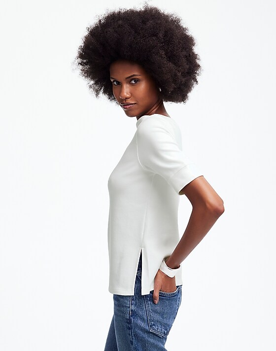 Madewell Elbow-Sleeve Boatneck Tee Eyelet White