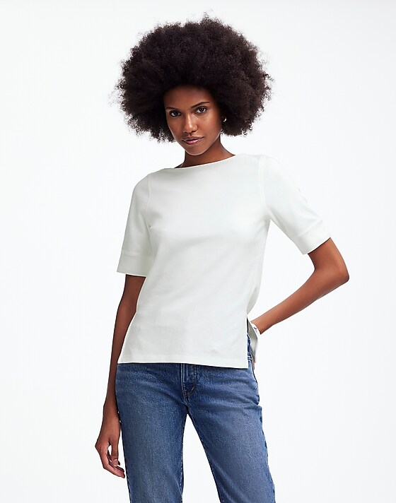 madewell Elbow-Sleeve Boatneck Tee eyelet white