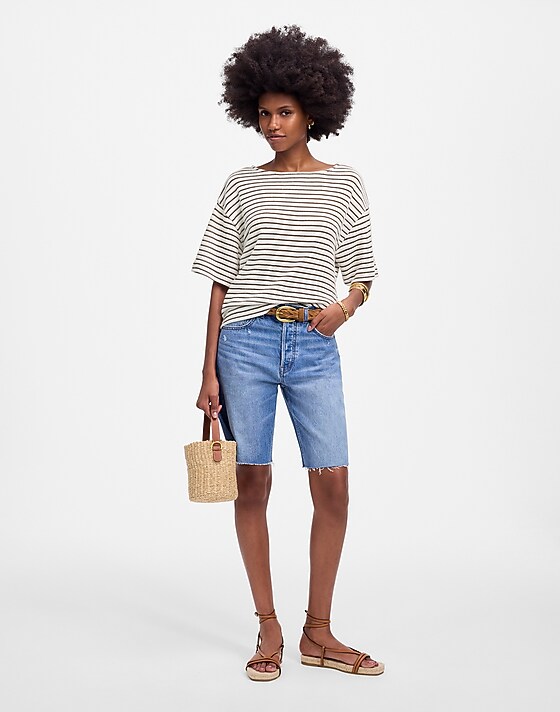 Madewell Embroidered Boxy Knit Tee In Stripe Cream