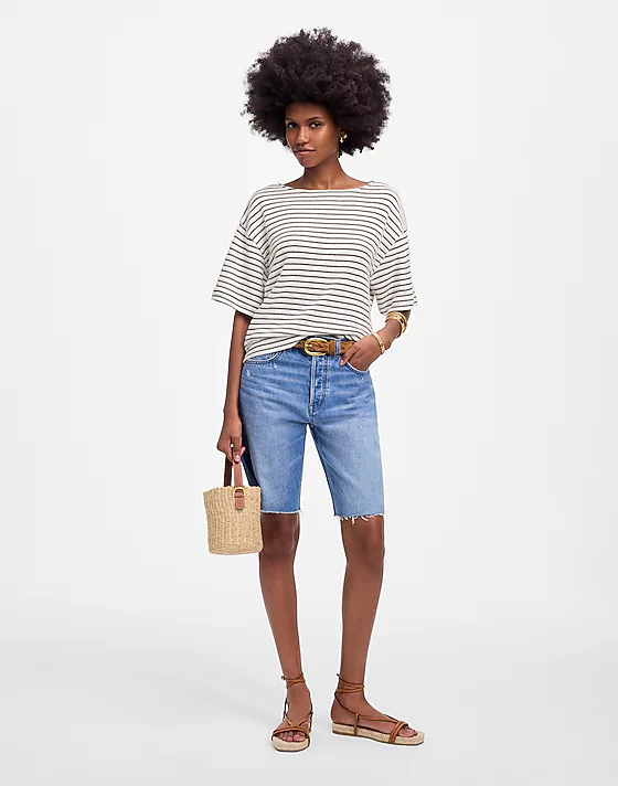 Madewell Embroidered Boxy Knit Tee In Stripe Cream