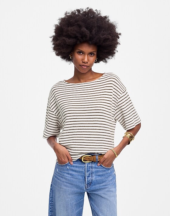 madewell Embroidered Boxy Knit Tee in Stripe cream