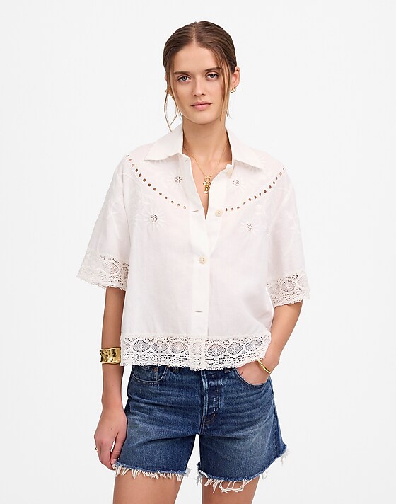 madewell Embroidered Lace Button-Up Shirt white
