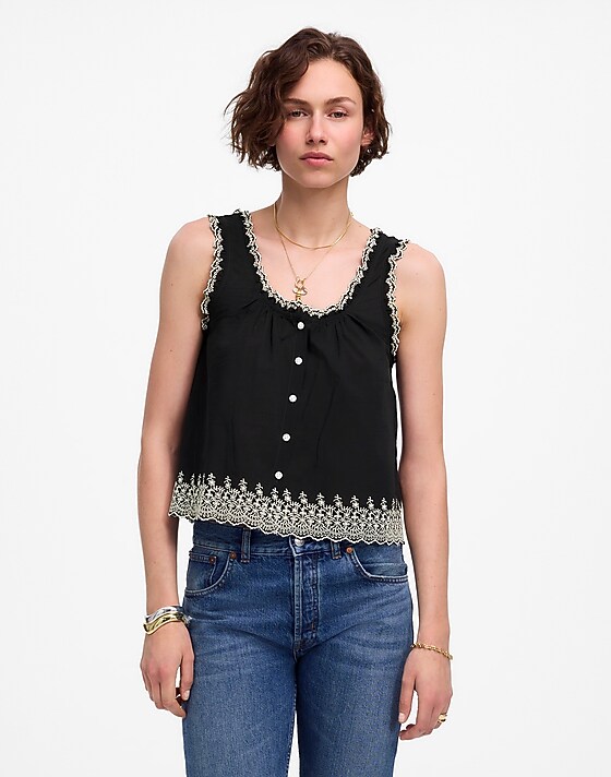 madewell Embroidered Scalloped Tank jet black