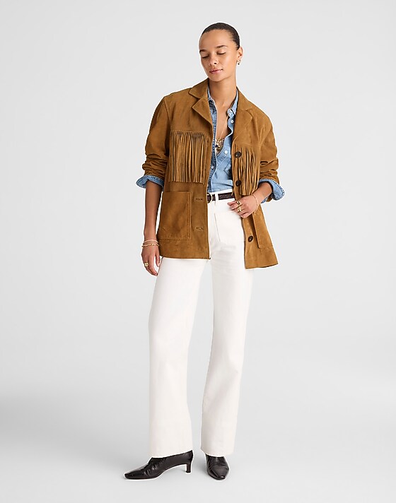 Madewell Fringe Shirt-Jacket In Suede Dried Acorn