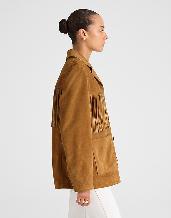 Madewell Fringe Shirt-Jacket In Suede Dried Acorn