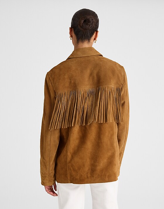 Madewell Fringe Shirt-Jacket In Suede Dried Acorn