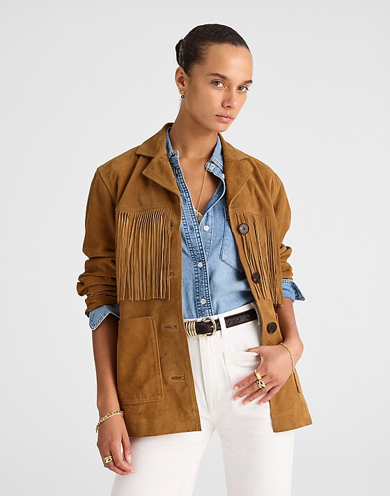 madewell Fringe Shirt-Jacket in Suede dried acorn