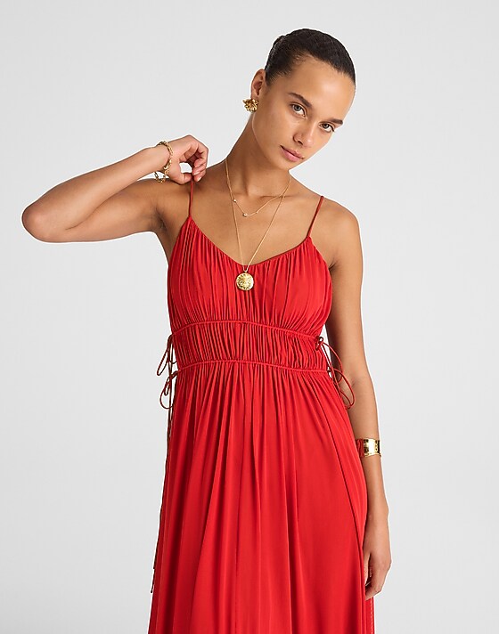 Madewell Gathered V-Neck Midi Dress Cherry Red
