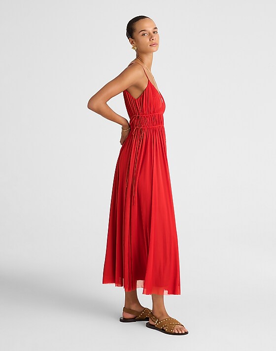 Madewell Gathered V-Neck Midi Dress Cherry Red