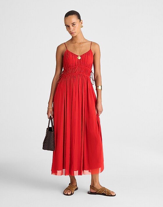 madewell Gathered V-Neck Midi Dress cherry red