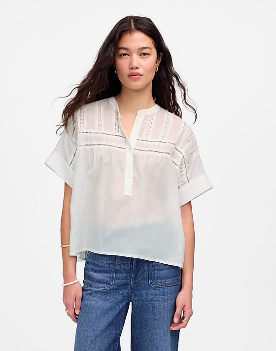 madewell Lace-Inset Pintucked Henley Top white