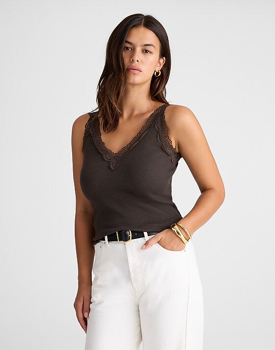 madewell Lace-Trim V-Neck Tank molasses