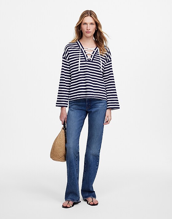 Madewell Lace-Up Long-Sleeve Tee In Stripe Navy