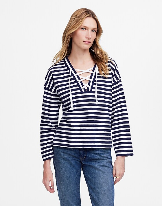 madewell Lace-Up Long-Sleeve Tee in Stripe navy