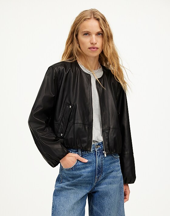 madewell Leather Bubble-Sleeve Jacket true black