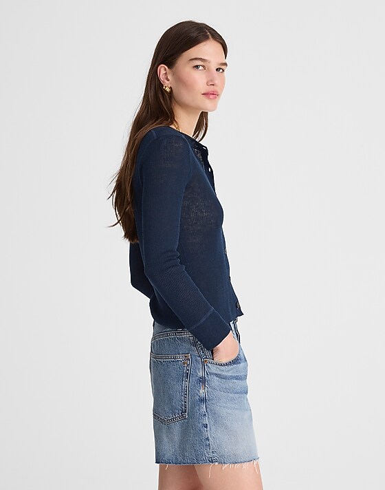 Madewell Linen-Blend Crewneck Cardigan Deep Navy