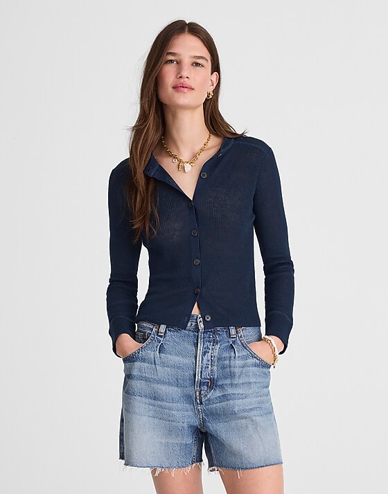 madewell Linen-Blend Crewneck Cardigan deep navy