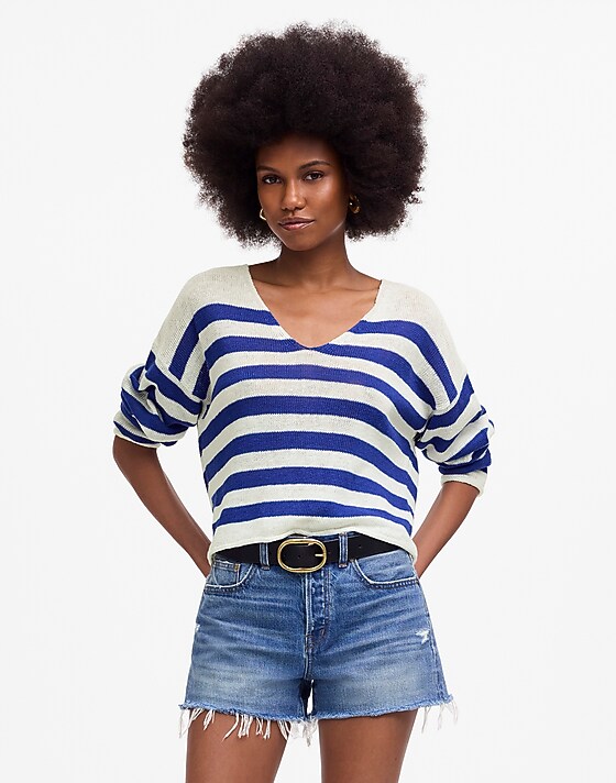 Madewell Linen V-Neck Sweater Sapphire Stripe
